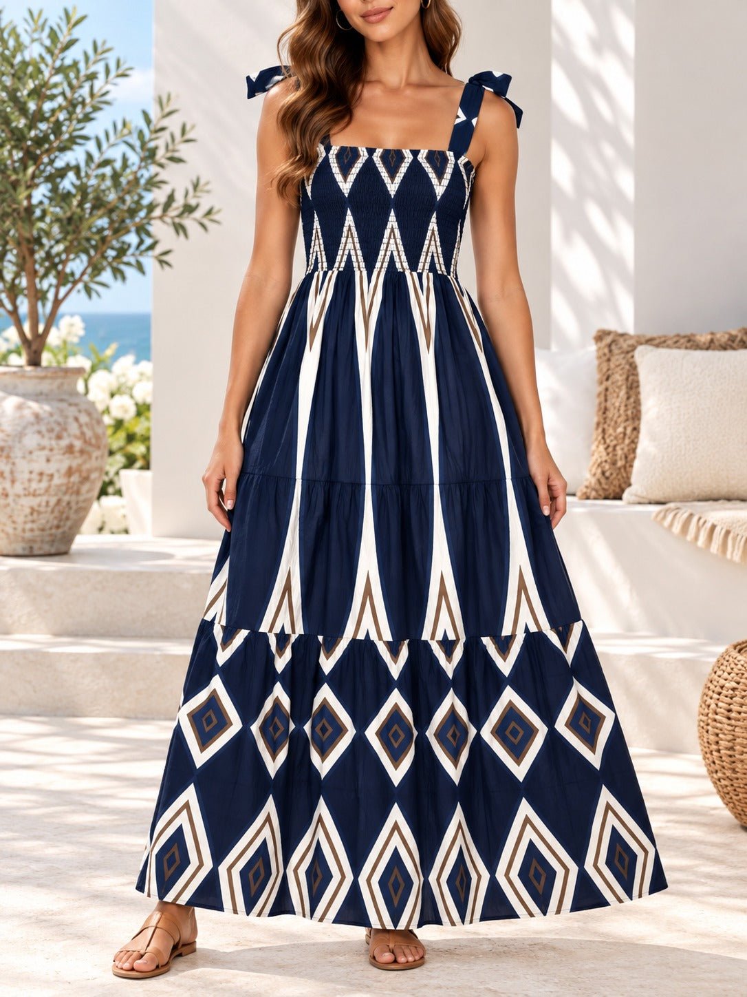 Ladies Navy Tie Strap Maxi Tier Dress - StylePhase SA