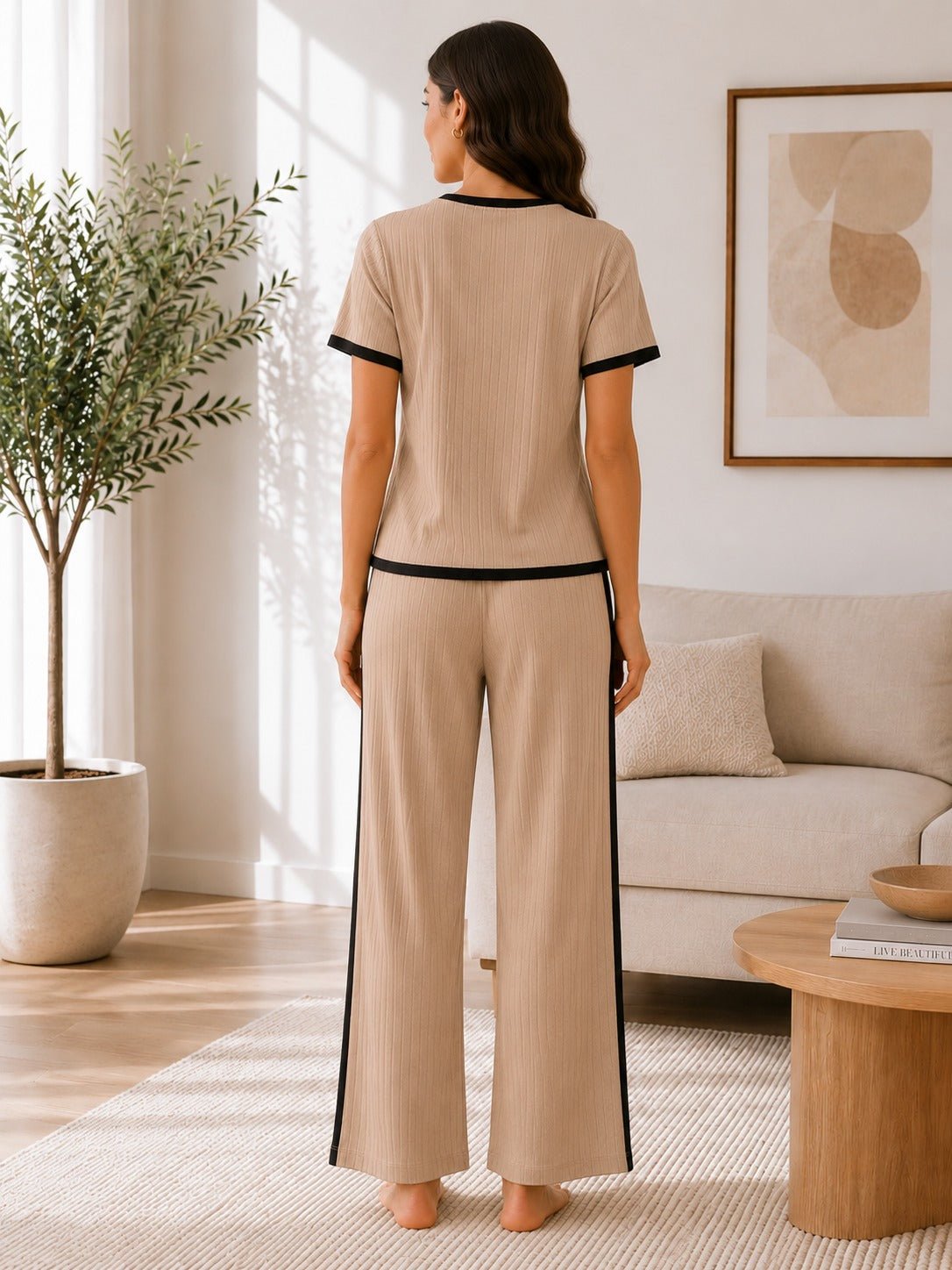 Ladies New Feeling Beige and Black Ribbed Set - StylePhase SA