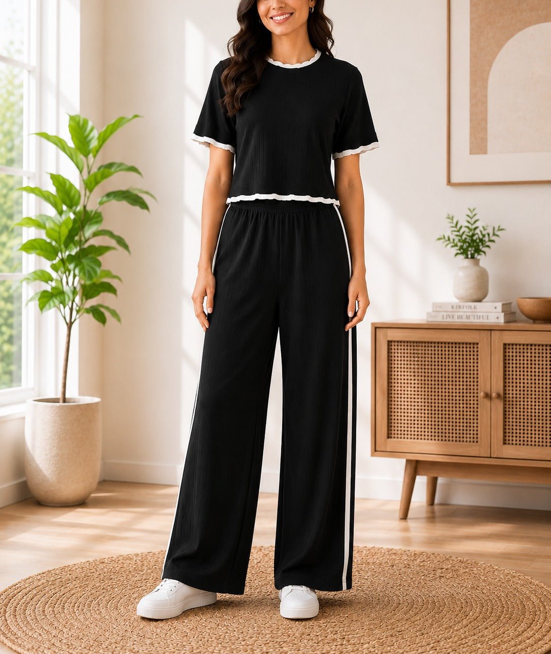 Ladies New Feeling Black And White Ribbed Set - StylePhase SA