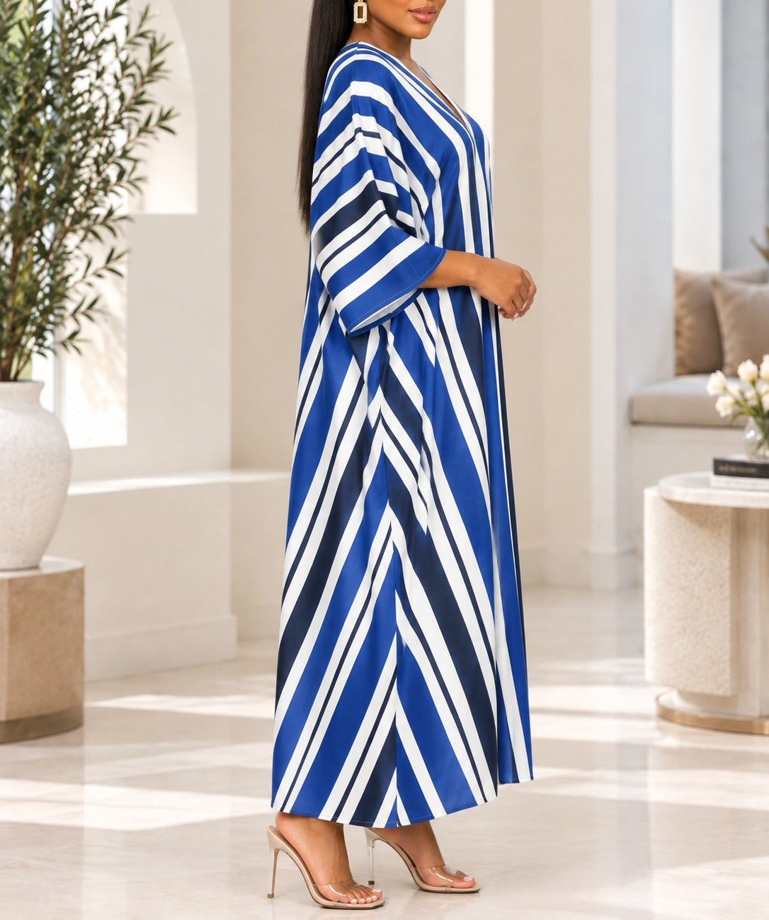 Ladies New Feeling Blue And White Stripe Maxi Kaftan - StylePhase SA