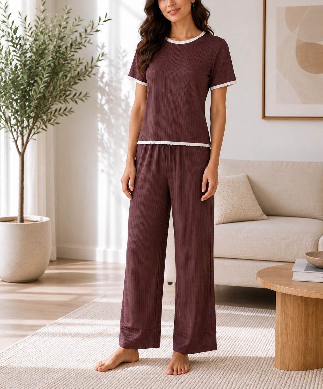 Ladies New Feeling Brown And White Ribbed Set - StylePhase SA
