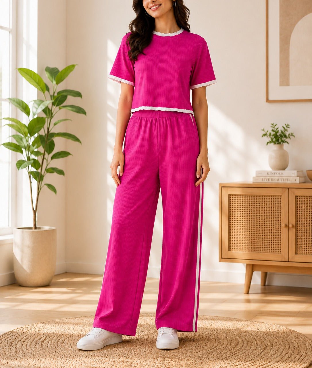 Ladies New Feeling Pink And White Ribbed Set - StylePhase SA