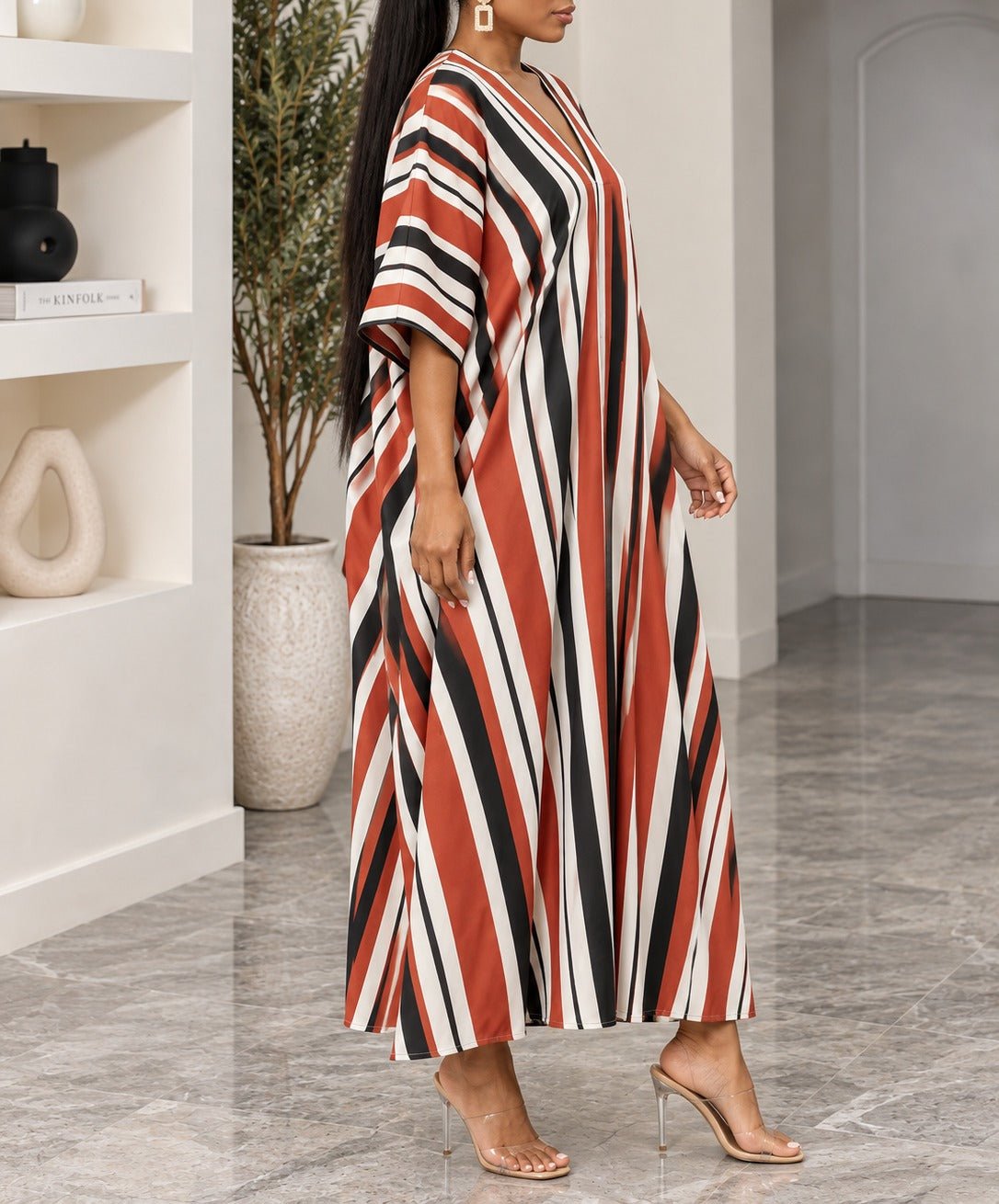 Ladies New Feeling Red And Black Stripe Maxi Kaftan - StylePhase SA