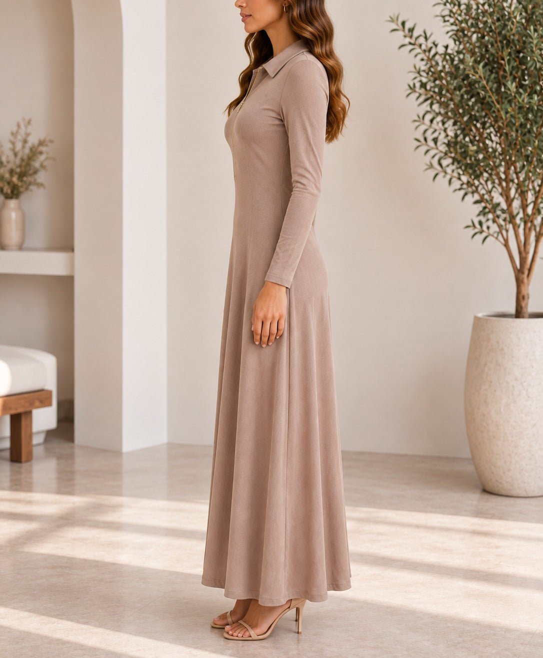 Ladies New Feeling Rib Zip Front Dress- Beige - StylePhase SA