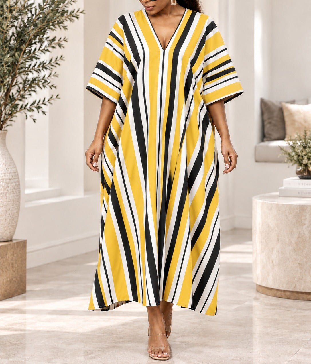 Ladies New Feeling Yellow And Black Stripe Maxi Kaftan - StylePhase SA
