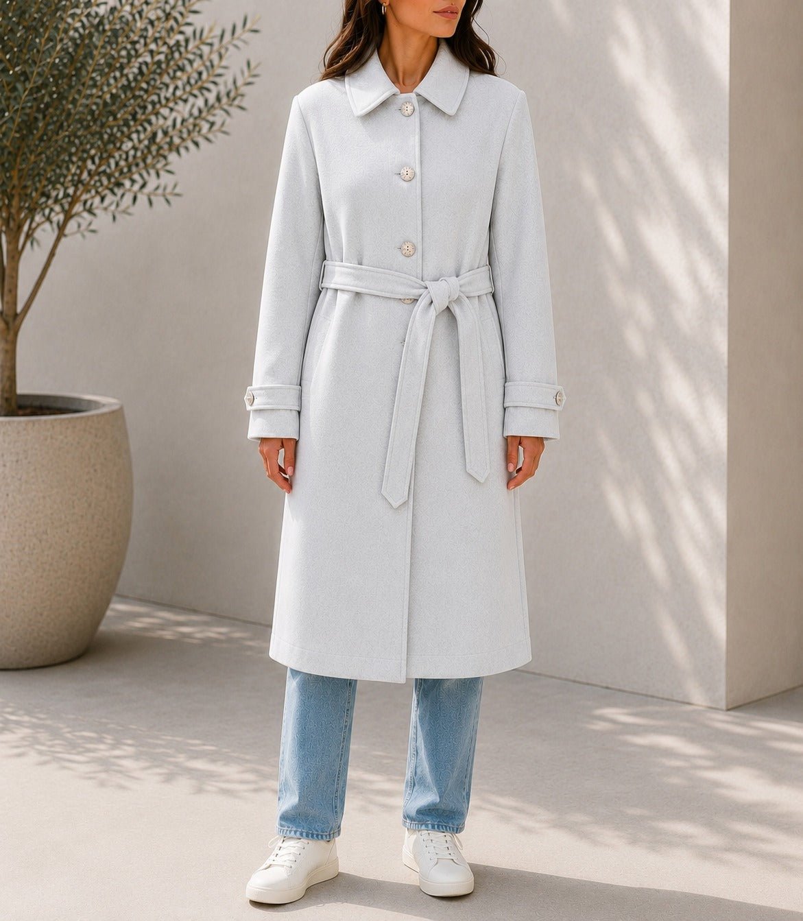 Ladies Oatmeal Pleated Button Detail Melton Coat - StylePhase SA