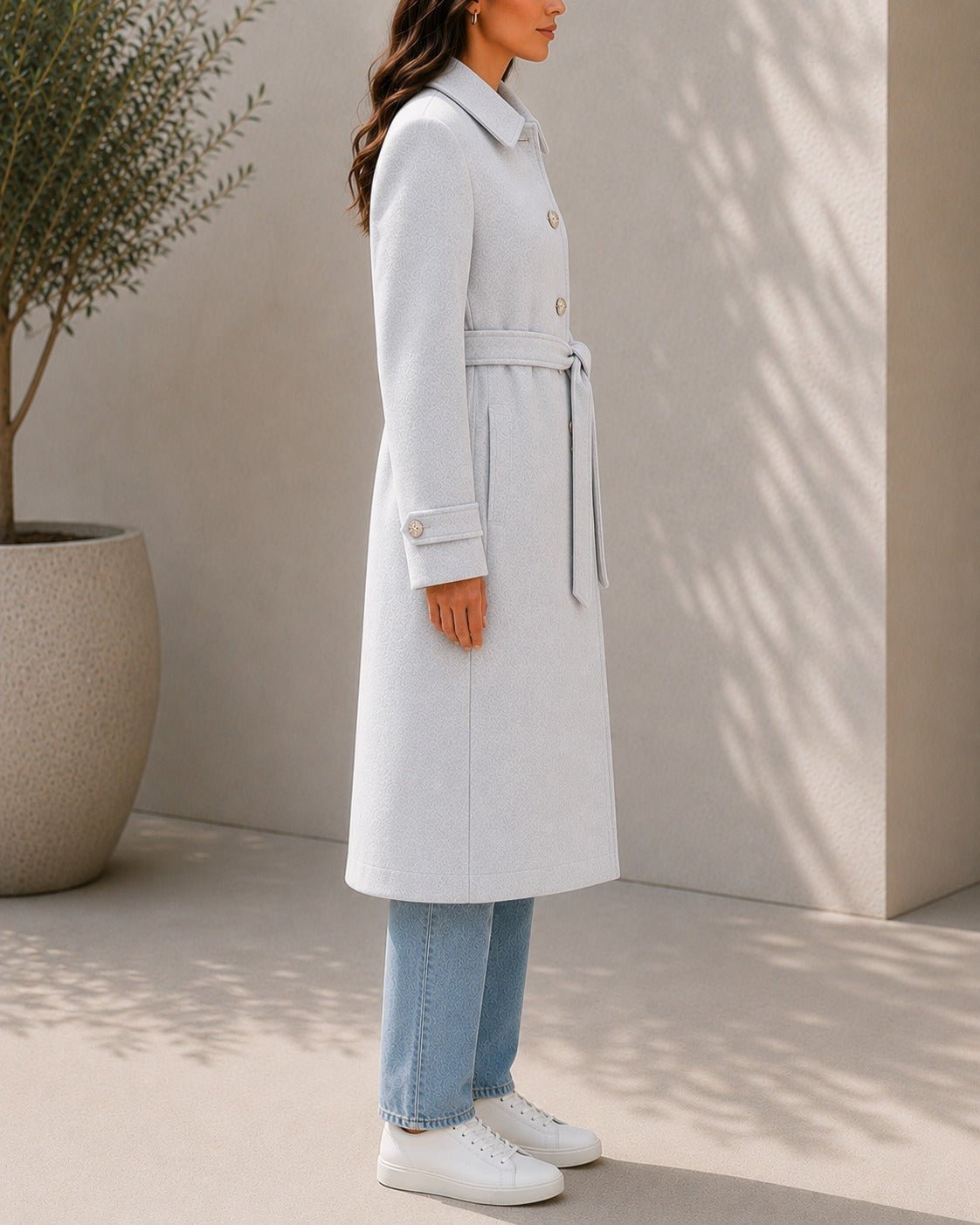 Ladies Oatmeal Pleated Button Detail Melton Coat - StylePhase SA