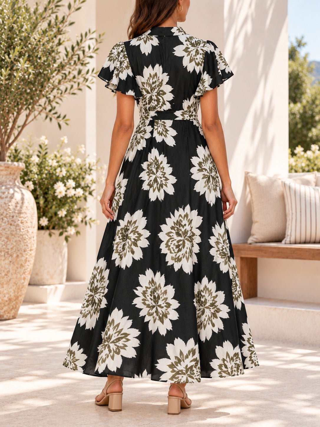 Ladies Olive Floral Tassel Tie-Waist Midi Dress - StylePhase SA