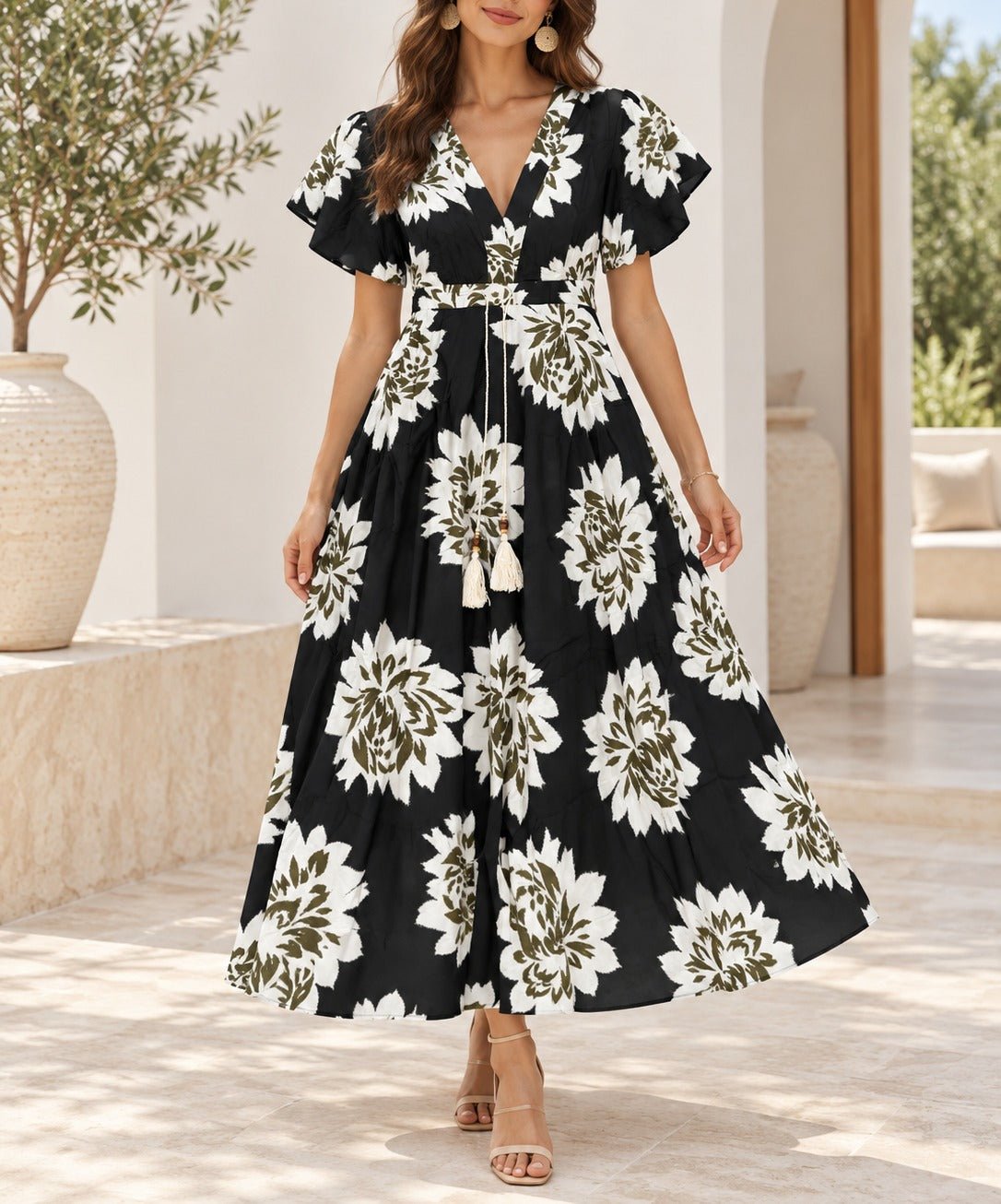 Ladies Olive Floral Tassel Tie-Waist Midi Dress - StylePhase SA