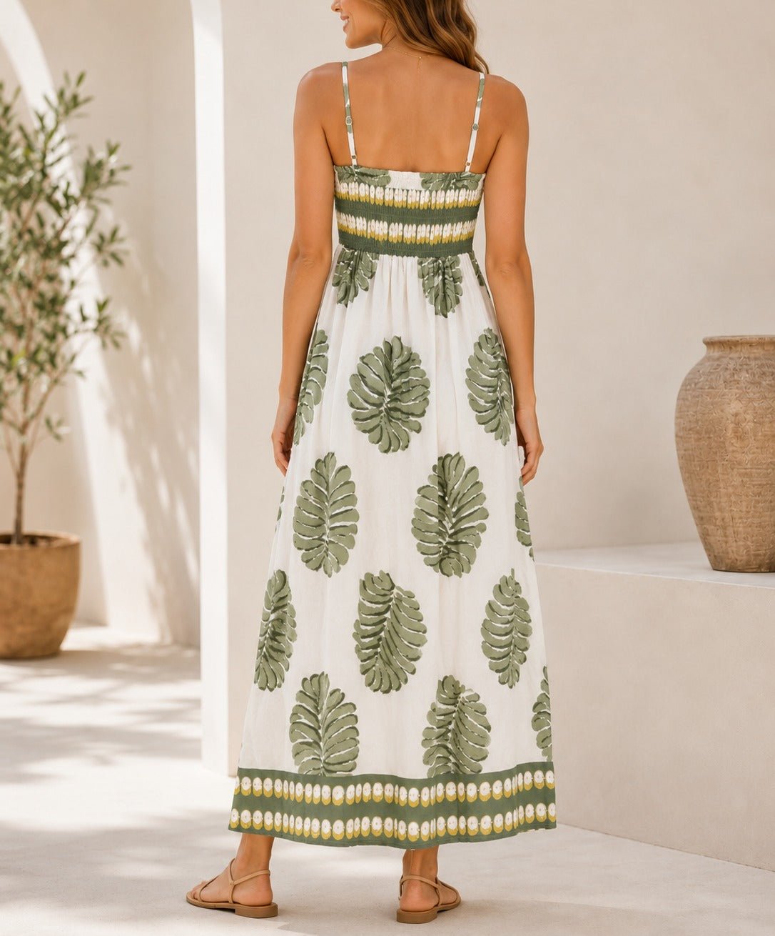 Ladies Olive Leaf Print Spaghetti Strap Maxi Dress - StylePhase SA