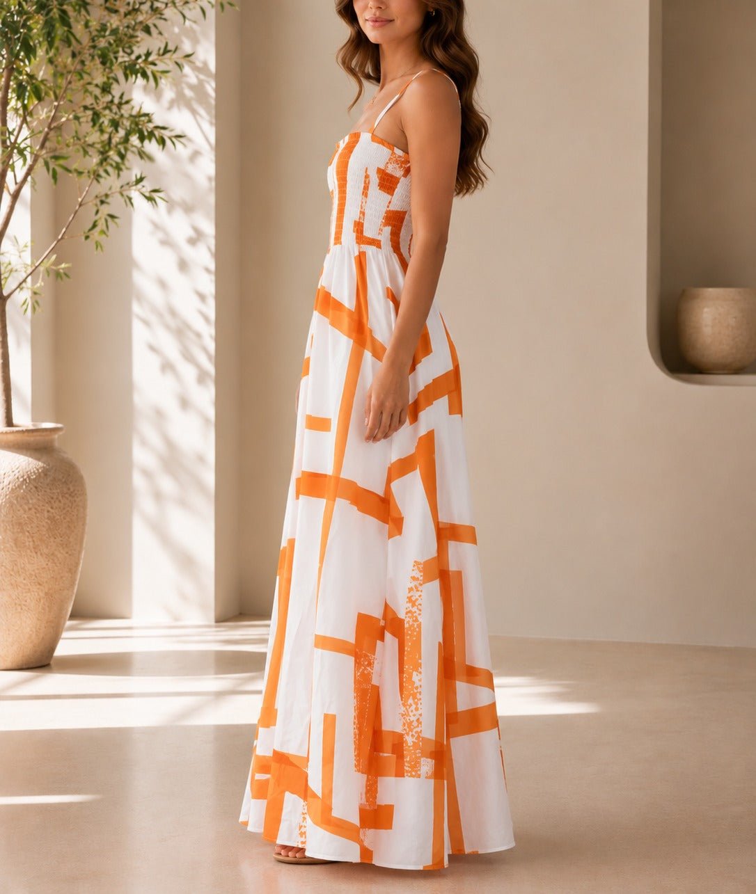 Ladies Orange And White Strappy Maxi Dress - StylePhase SA