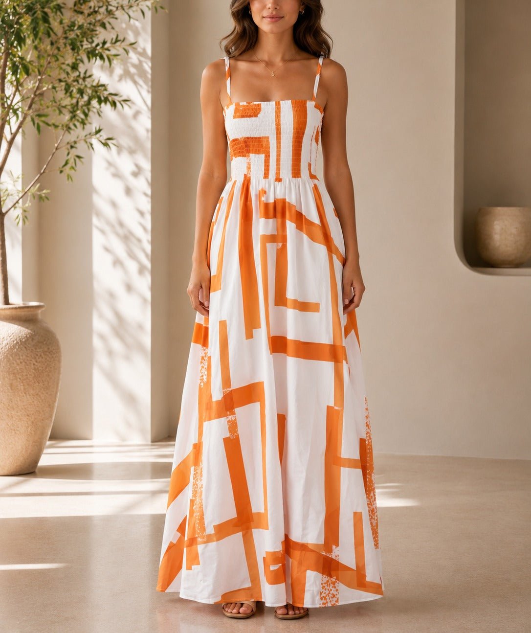 Ladies Orange And White Strappy Maxi Dress - StylePhase SA