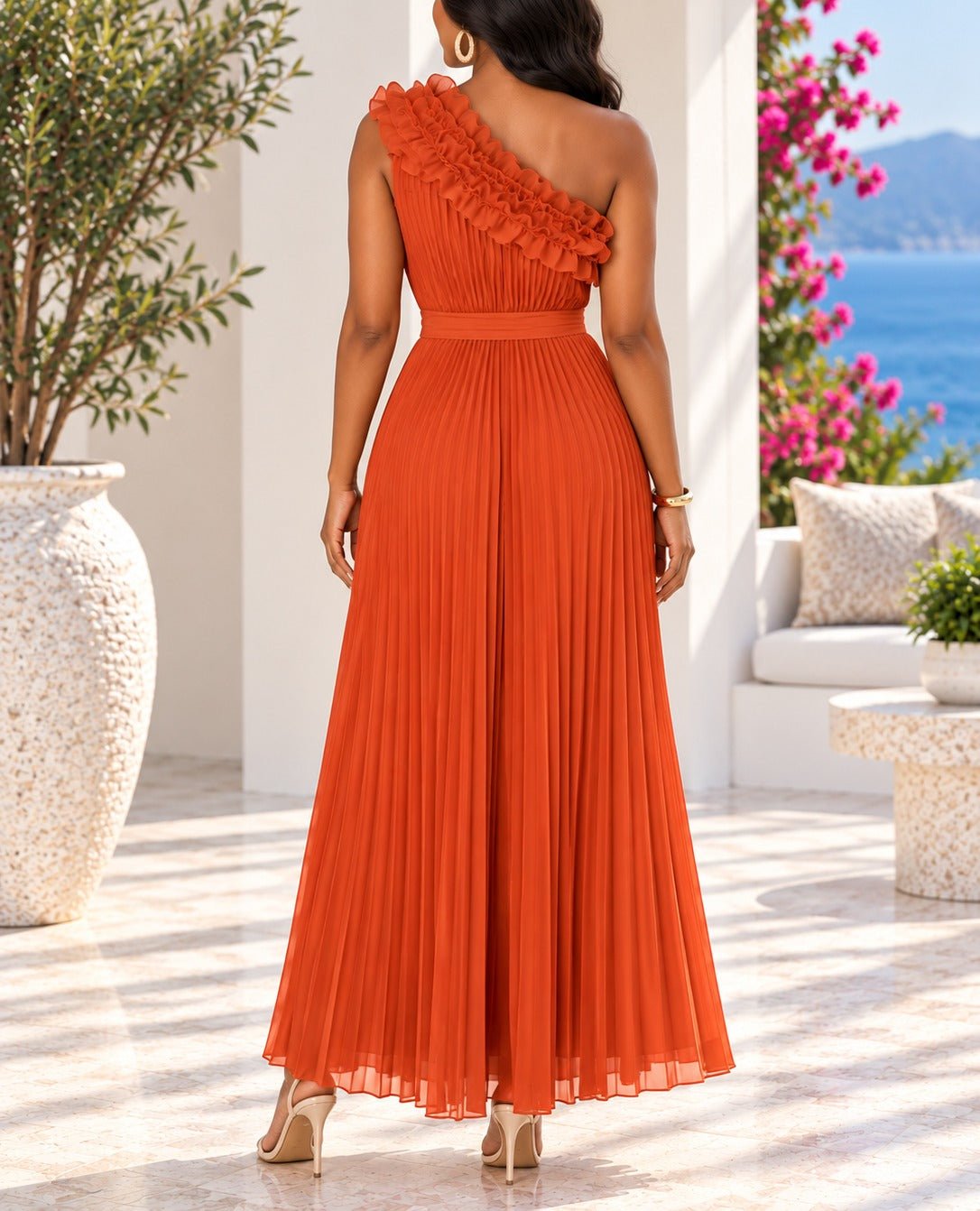 Ladies Orange Pleated Off Shoulder Dress - StylePhase SA