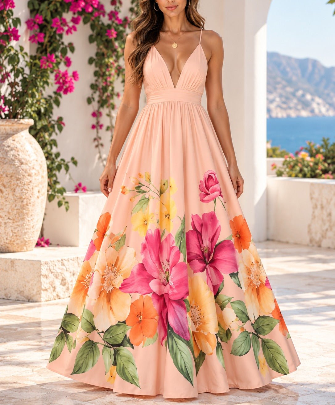 Ladies Peach Floral Deep V-Neck Maxi Dress - StylePhase SA