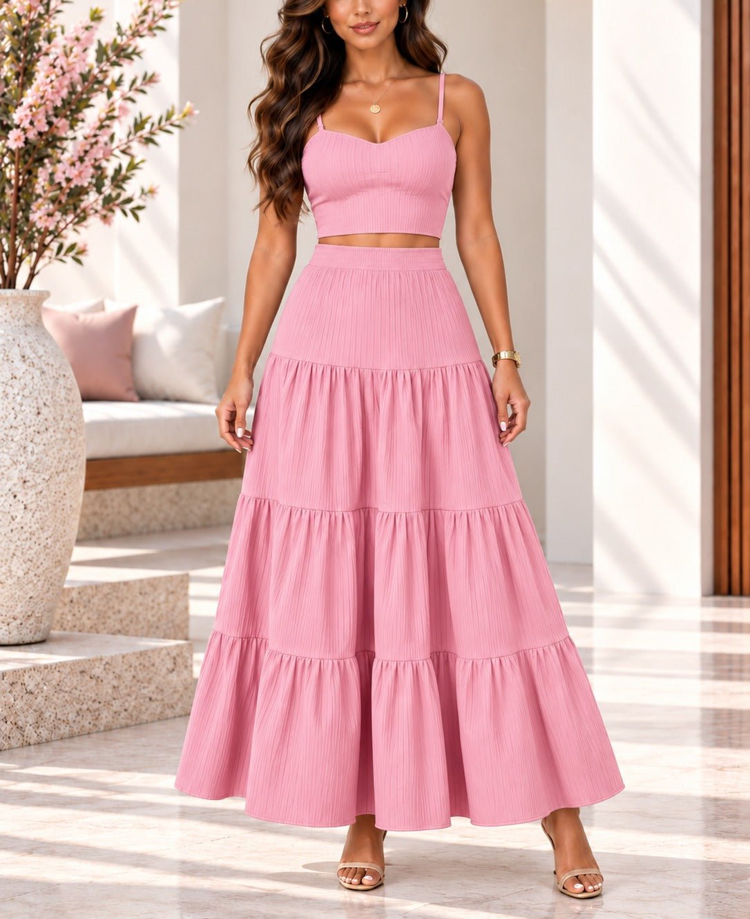 Ladies Pink Crop Cami And Tiered Maxi Skirt - StylePhase SA