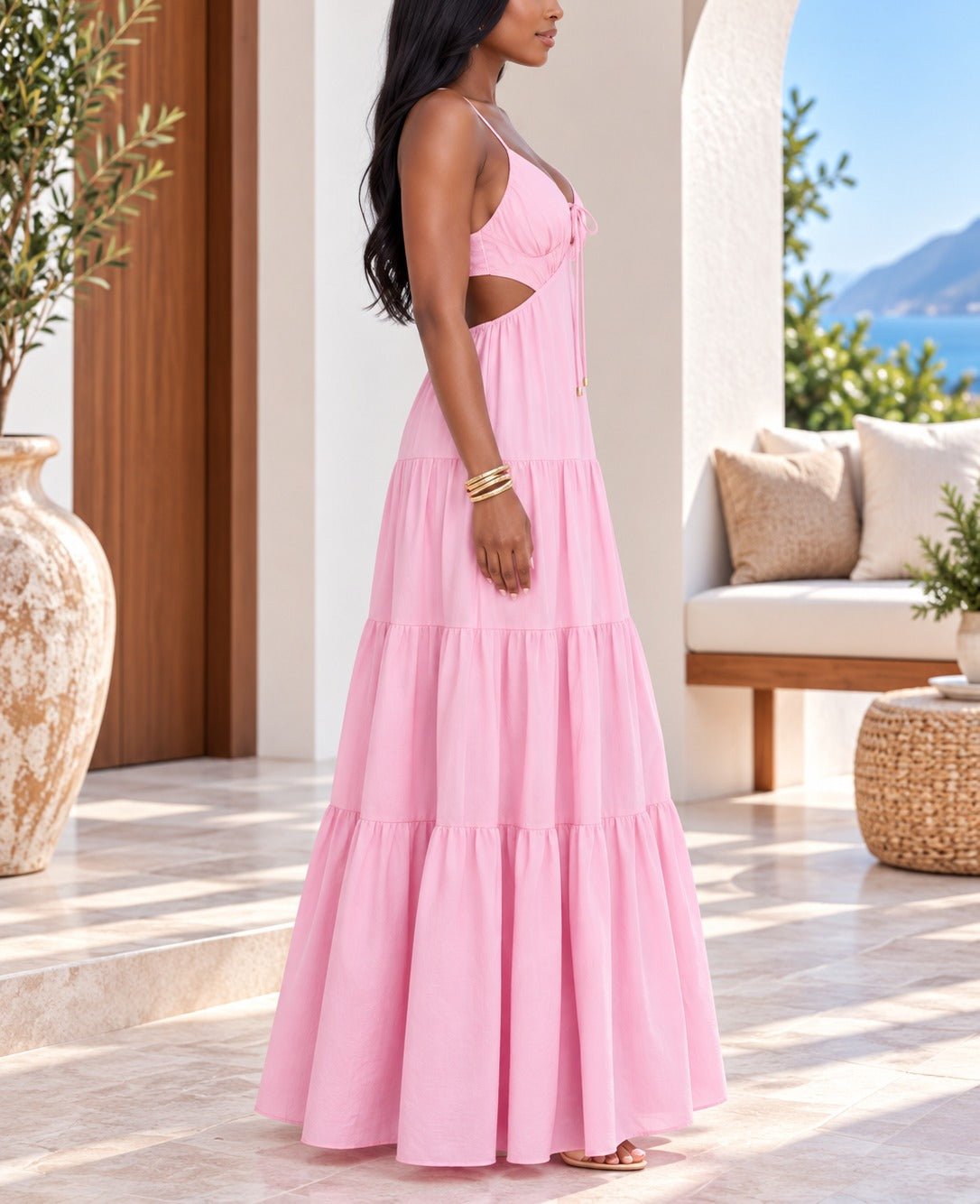 Ladies Pink Cut Out Tie Front Tiered Maxi Dress - StylePhase SA