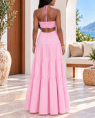 Ladies Pink Cut Out Tie Front Tiered Maxi Dress - StylePhase SA
