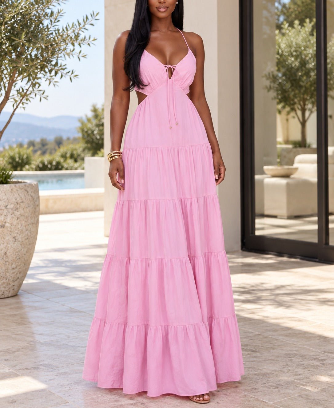Ladies Pink Cut Out Tie Front Tiered Maxi Dress - StylePhase SA