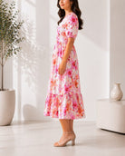 Ladies Pink Floral Midi Tier Dress - StylePhase SA