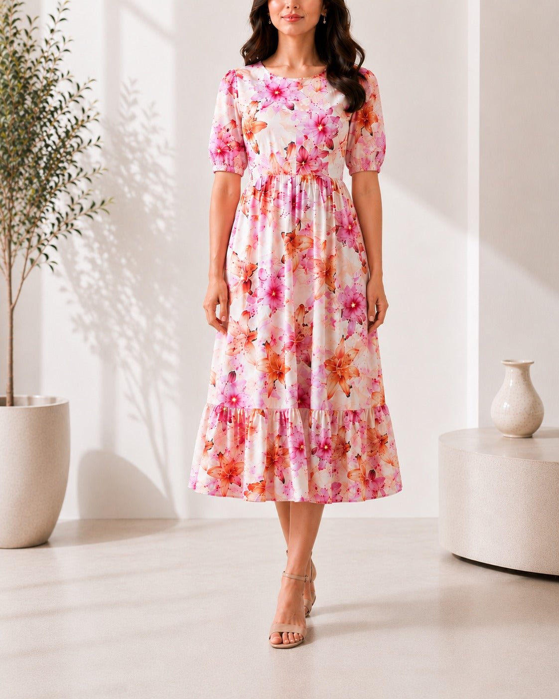 Ladies Pink Floral Midi Tier Dress - StylePhase SA