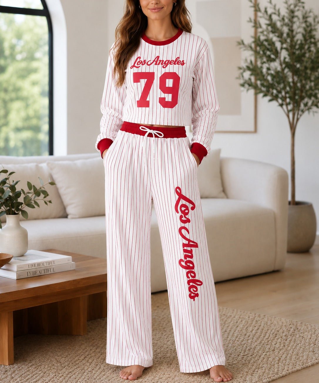 Ladies Red Baseball Printed Two Piece Set- New Feeling - StylePhase SA