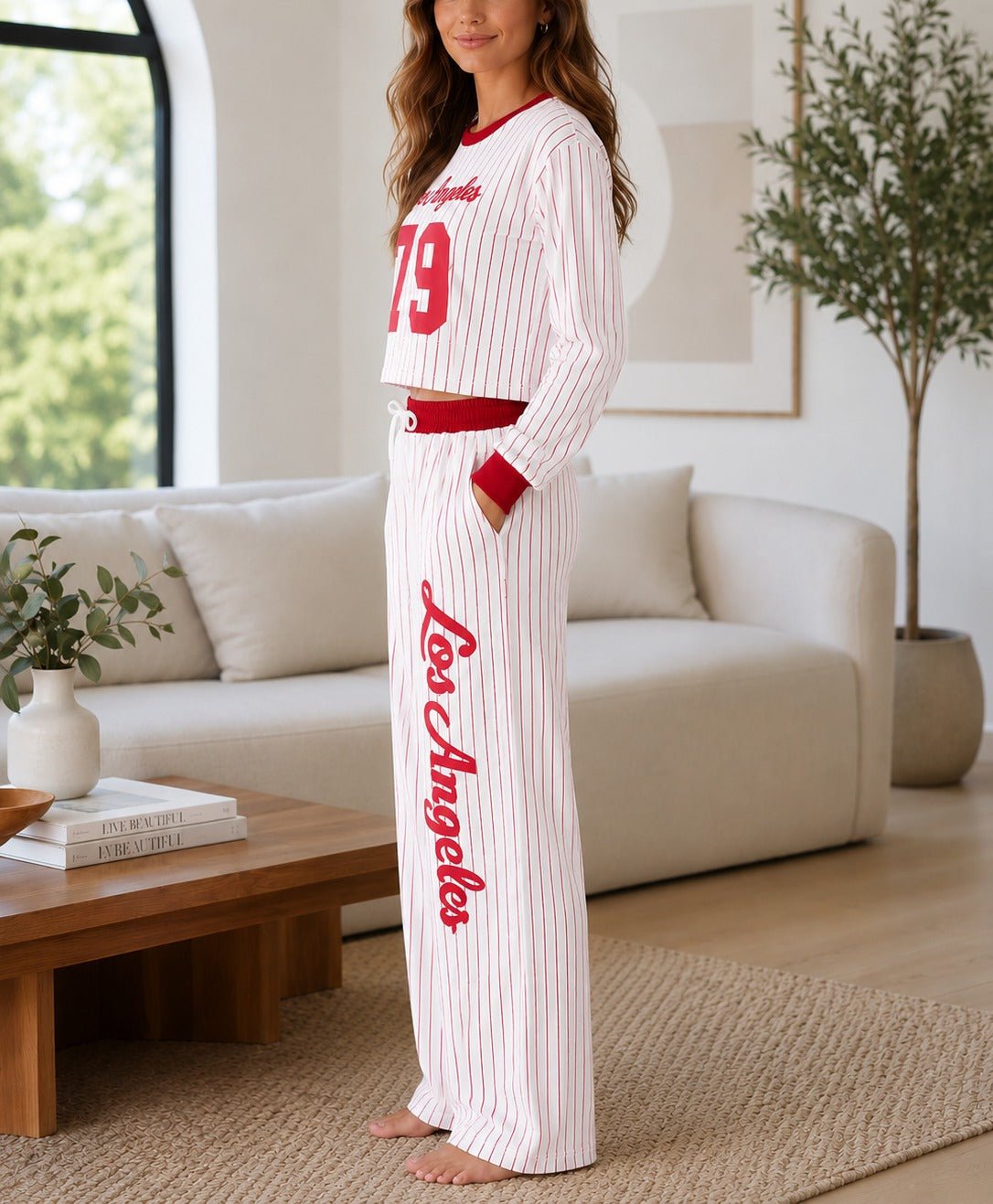 Ladies Red Baseball Printed Two Piece Set- New Feeling - StylePhase SA