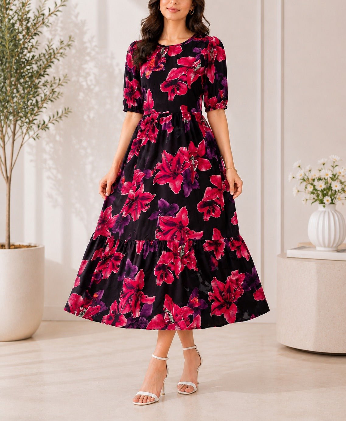 Ladies Red Floral Midi Tier Dress - StylePhase SA