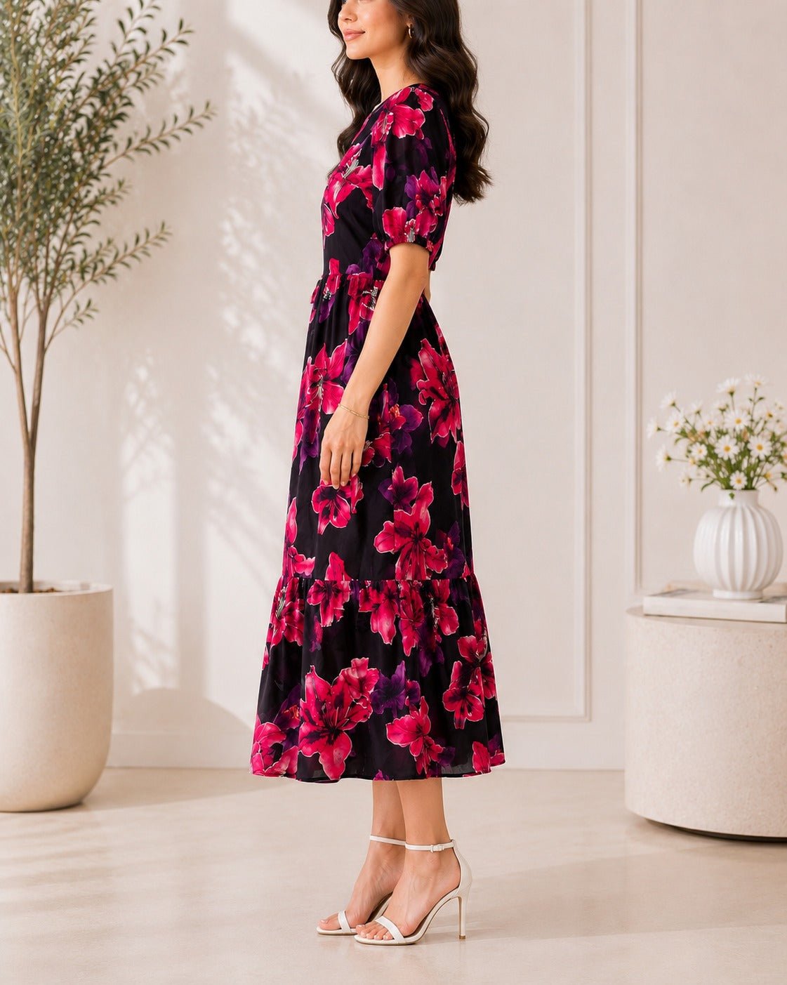 Ladies Red Floral Midi Tier Dress - StylePhase SA