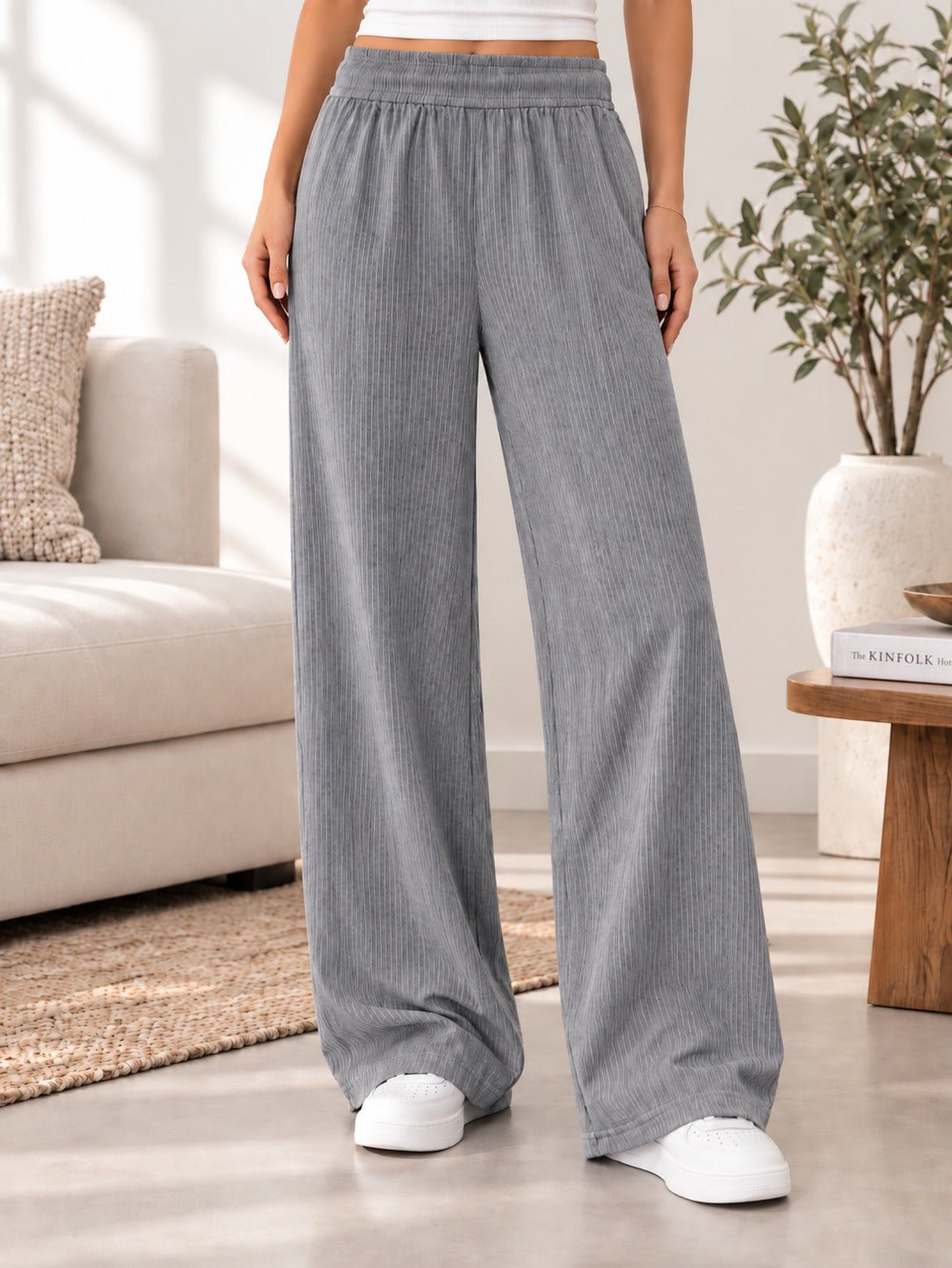 Ladies Rib Wide Leg Pants-Grey - StylePhase SA