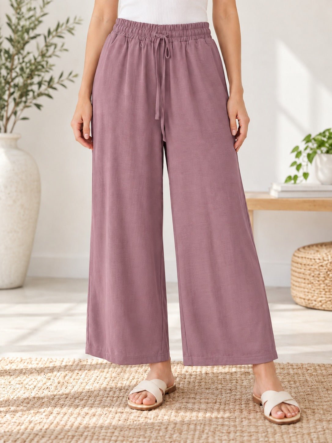 Ladies Rose Brown Wide Leg Drawstring Pocket Pants - StylePhase SA