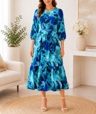 Ladies Royal And Teal Floral Midi Tier Dress - StylePhase SA