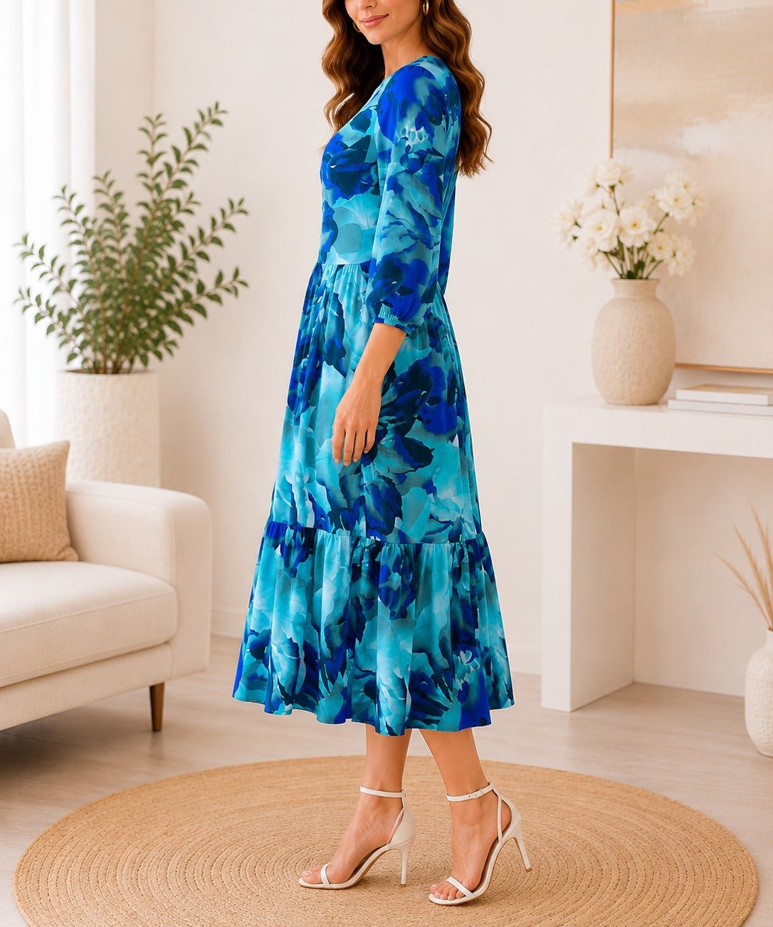 Ladies Royal And Teal Floral Midi Tier Dress - StylePhase SA