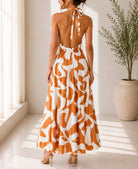 Ladies Rust And Cream Halter Neck Printed Maxi Dress - StylePhase SA