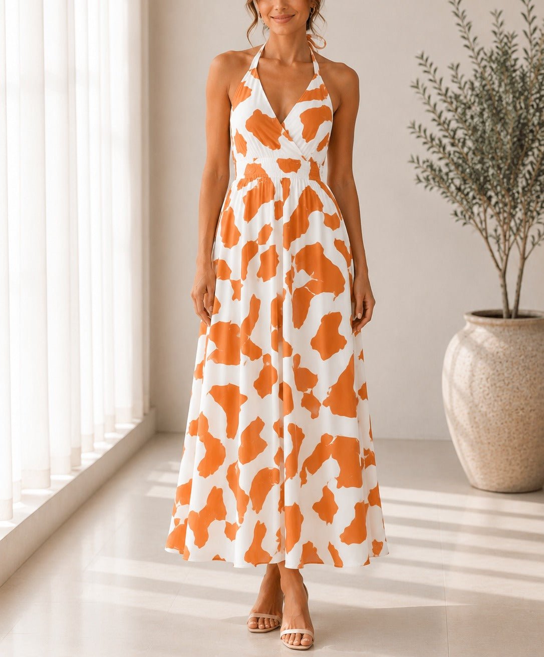 Ladies Rust And Cream Halter Neck Printed Maxi Dress - StylePhase SA
