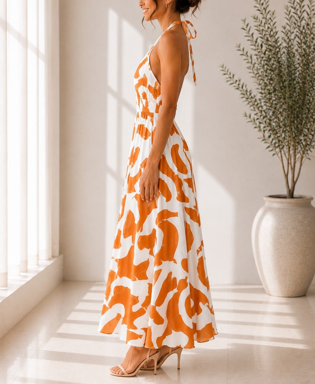 Ladies Rust And Cream Halter Neck Printed Maxi Dress - StylePhase SA
