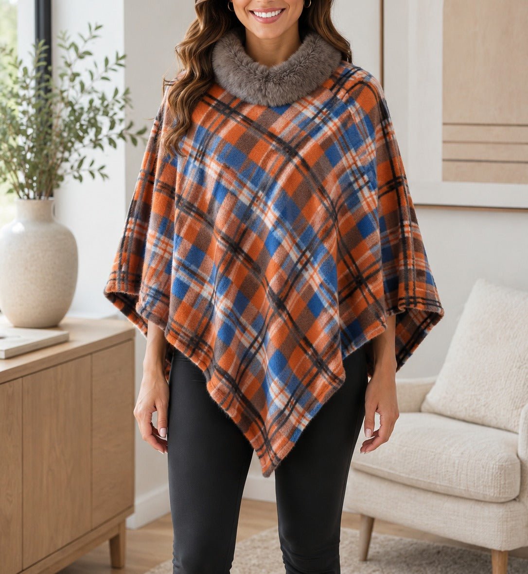 Ladies Rust Plaid Fur Collar Poncho - StylePhase SA