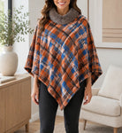 Ladies Rust Plaid Fur Collar Poncho - StylePhase SA