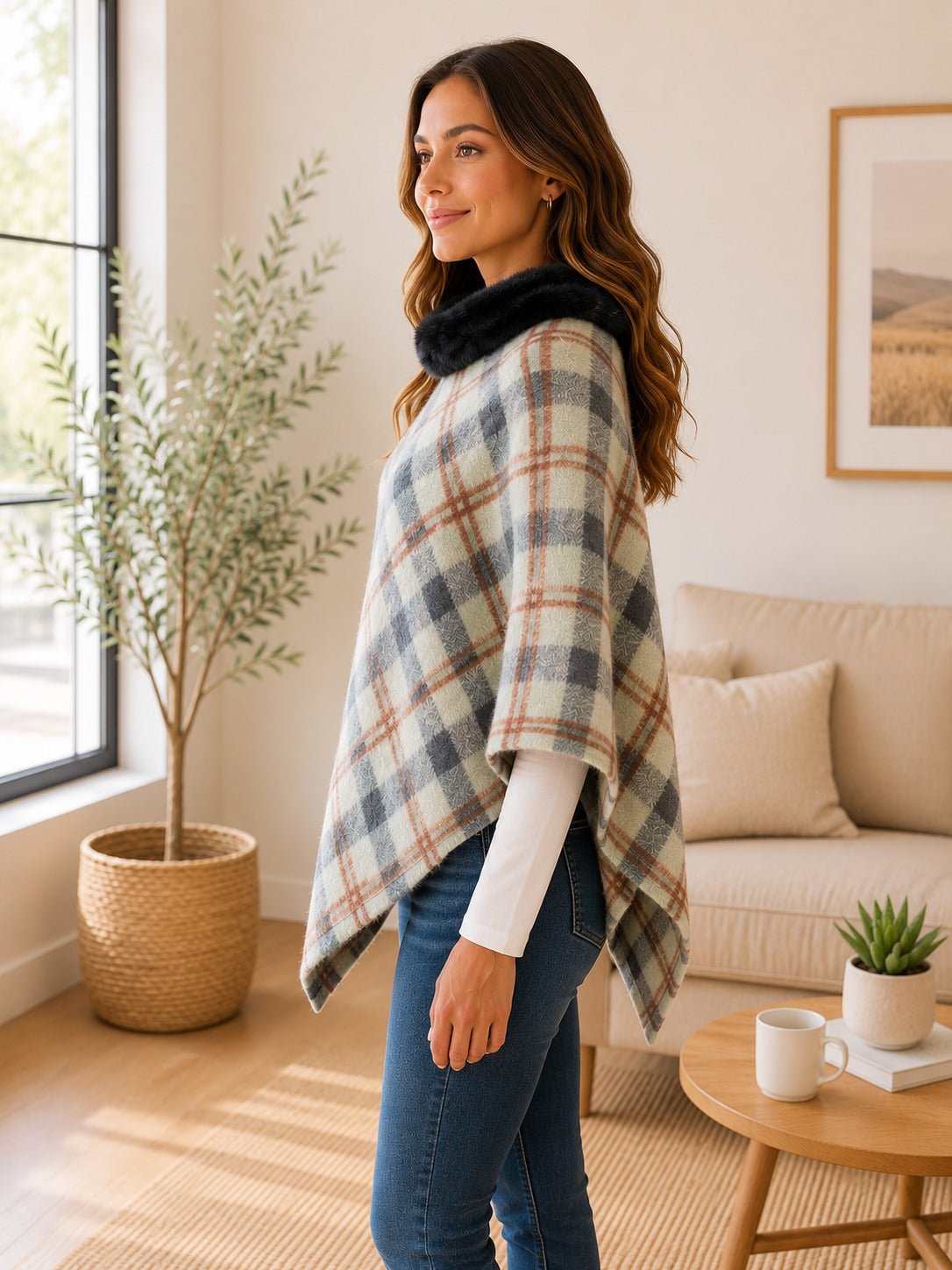Ladies Sage Fur Collar Poncho - StylePhase SA