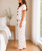 Ladies Short Sleeve Bow Detail Heart Pyjama Set -White And Red - StylePhase SA