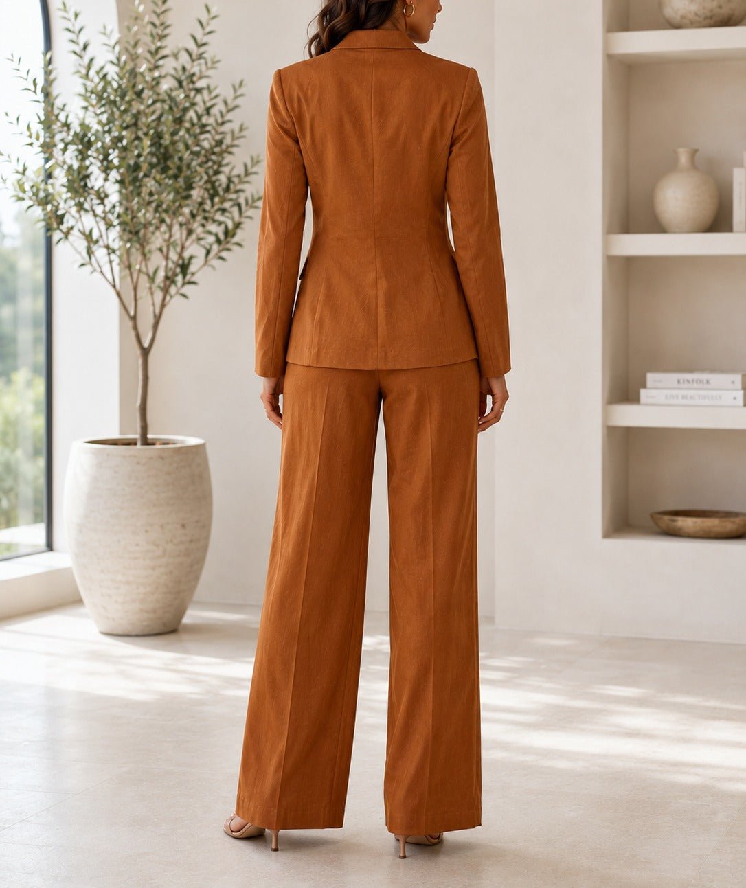 Ladies Tan Double Breasted Blazer & Wide Leg Trouser Set - StylePhase SA