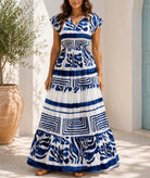 Ladies White And Blue Patterned Tiered Maxi Dress - StylePhase SA