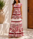 Ladies White And Maroon Patterned Tiered Maxi Dress - StylePhase SA