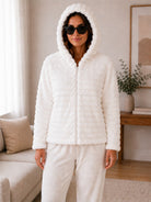 Ladies White Faux Fur Hoody Zip Jacket - StylePhase SA