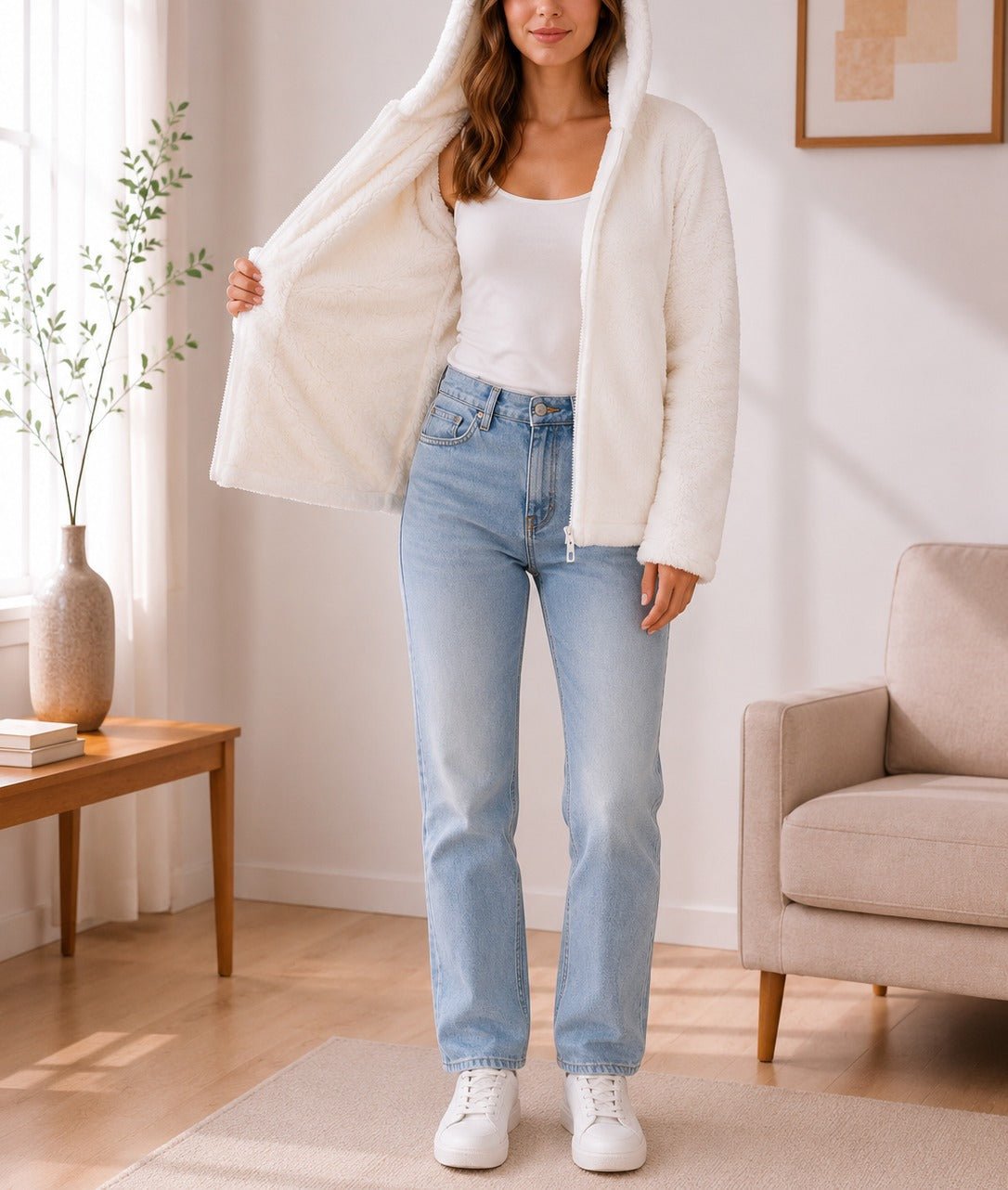 Ladies White Faux Fur Hoody Zip Jacket - StylePhase SA