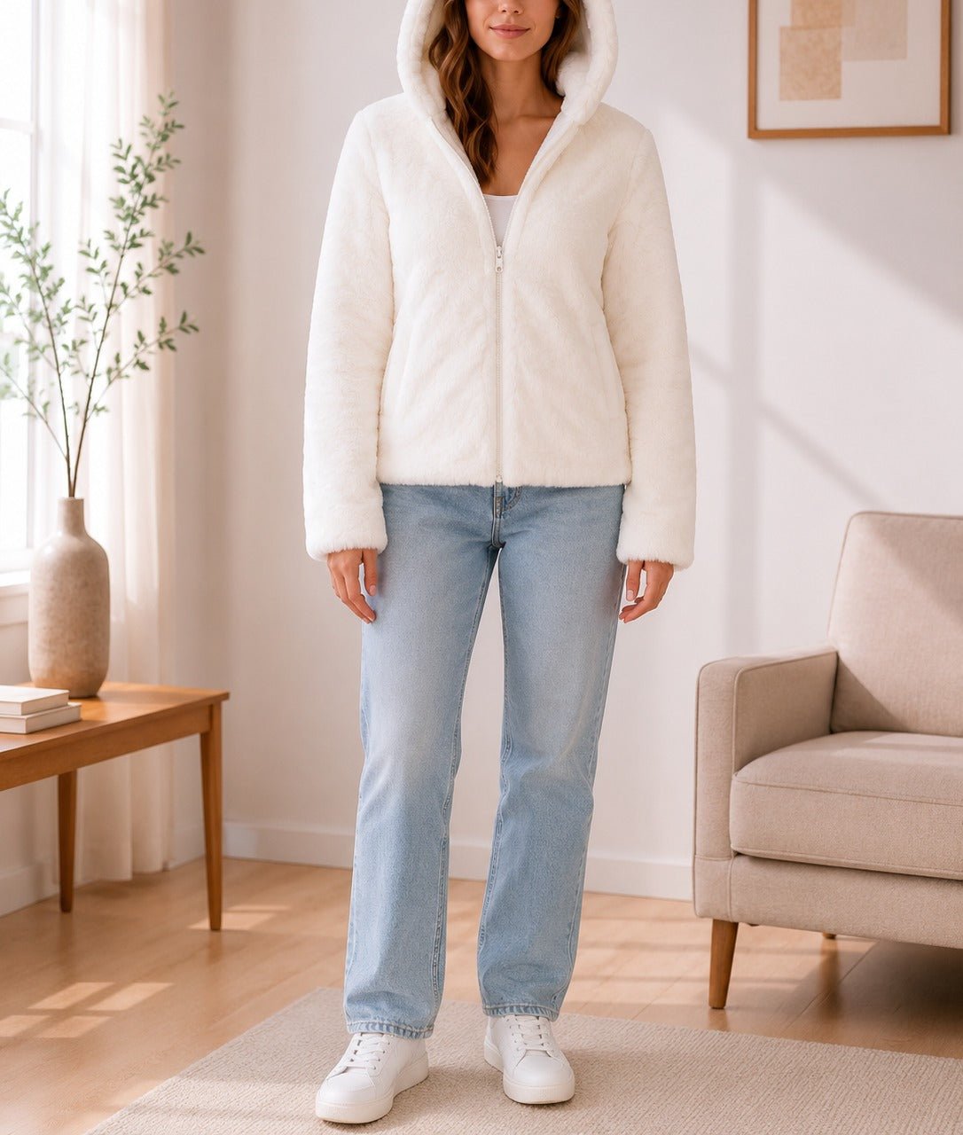 Ladies White Faux Fur Hoody Zip Jacket - StylePhase SA