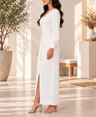 Ladies White Long Sleeve Embellished Beading Dress - StylePhase SA