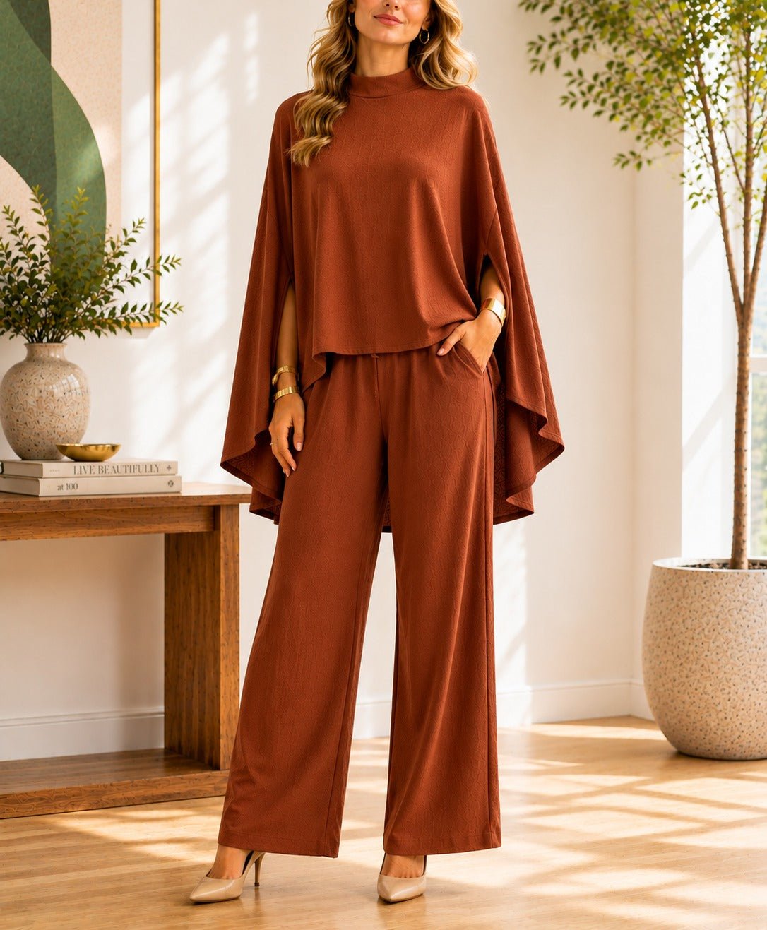Rust Cape Sleeve Pants Two Piece Set- New Feeling - StylePhase SA