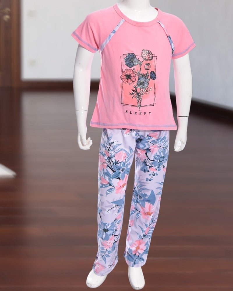 Girl's Light Pink Flower Pyjama With Silver Blue Pants – Forever Sleepy